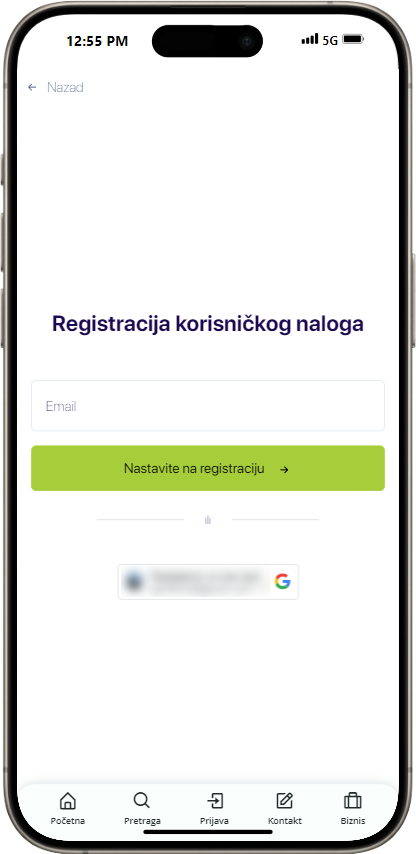 Screenshot Unos mejl adrese za registraciju korisničkog naloga