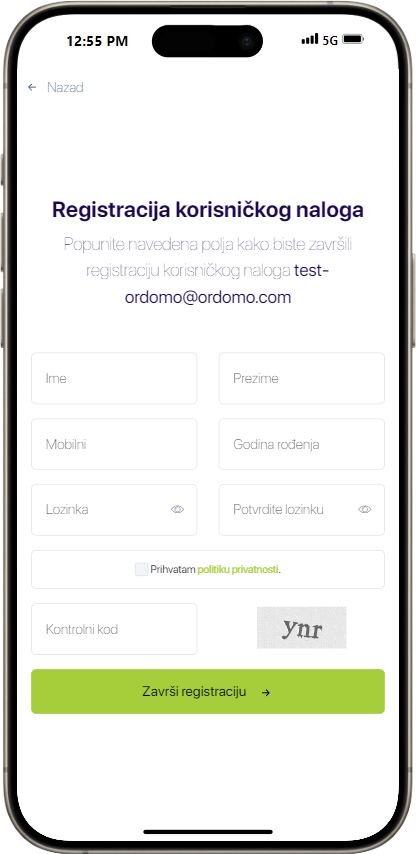 Screenshot Unos mejl adrese za registraciju korisničkog naloga